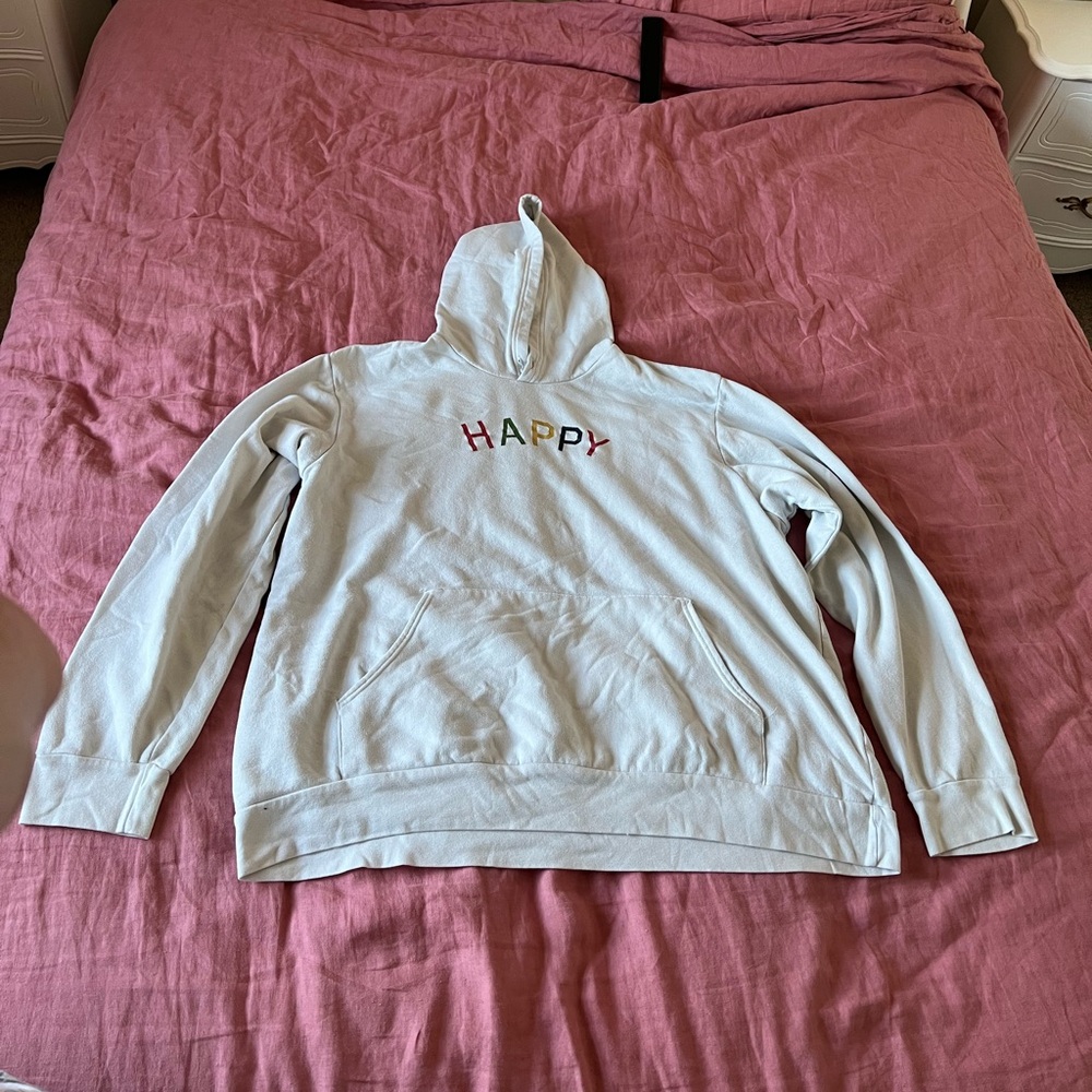 HAPPY Giant hoodie: Cream/white giant hoodie with multicolor HAPPY print